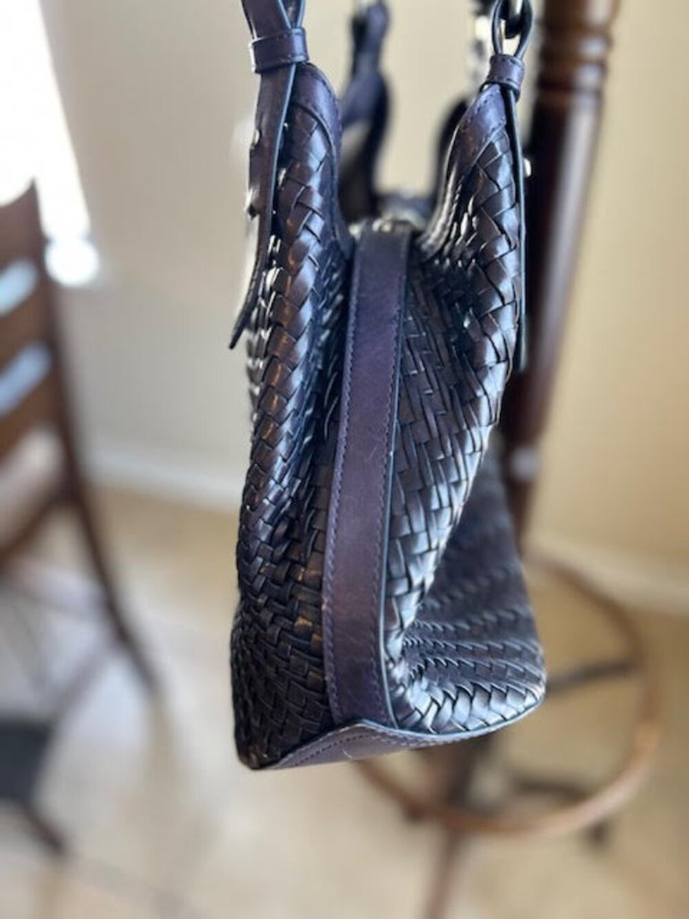 Cole Haan Genevieve Triangle Tote Navy Woven Leather - Picture 7 of 12